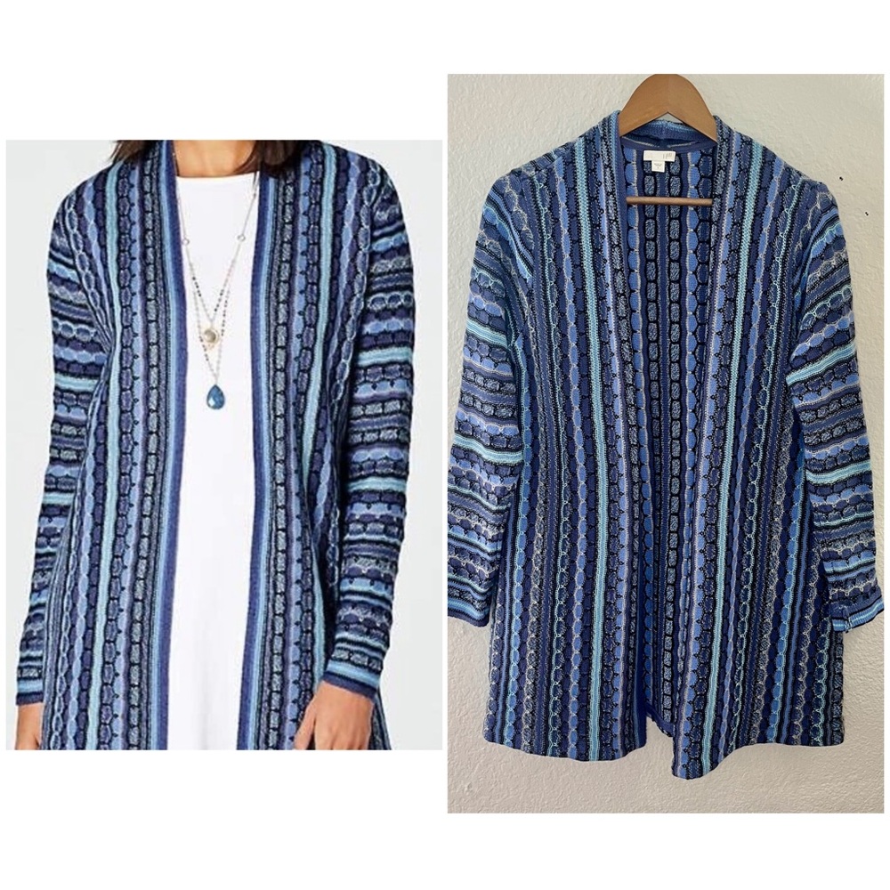 j. jill textured striped cotton blend blue open front cardigan Size Small